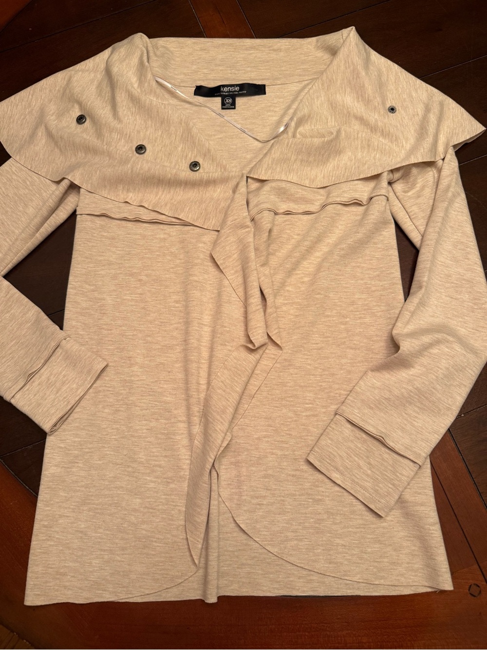 Kensie Heather Oatmeal Knit Asymmetrical Wrap Cowl Neck Cardigan